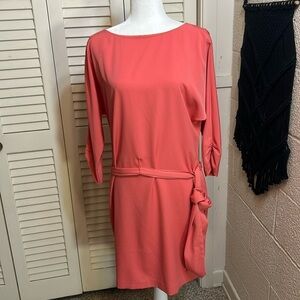 ELIZA J. 10 coral colored midi dress with V-back gold buttons and tie waist EUC